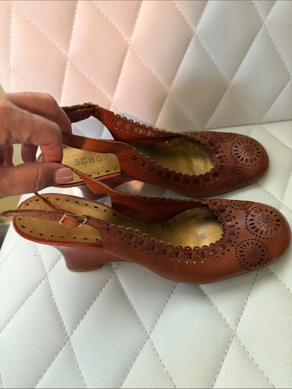 BCBGirls Brown Laser-Cut Leather Slingback Mules